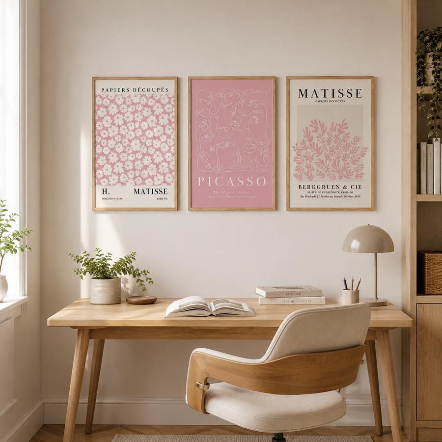 Pink Matisse and Picasso-inspired gallery wall set above a natural wood study desk
