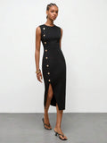 Elegant Black Gold Ribbed Midi Dress with Cinched Waist for Summer and Autumn 