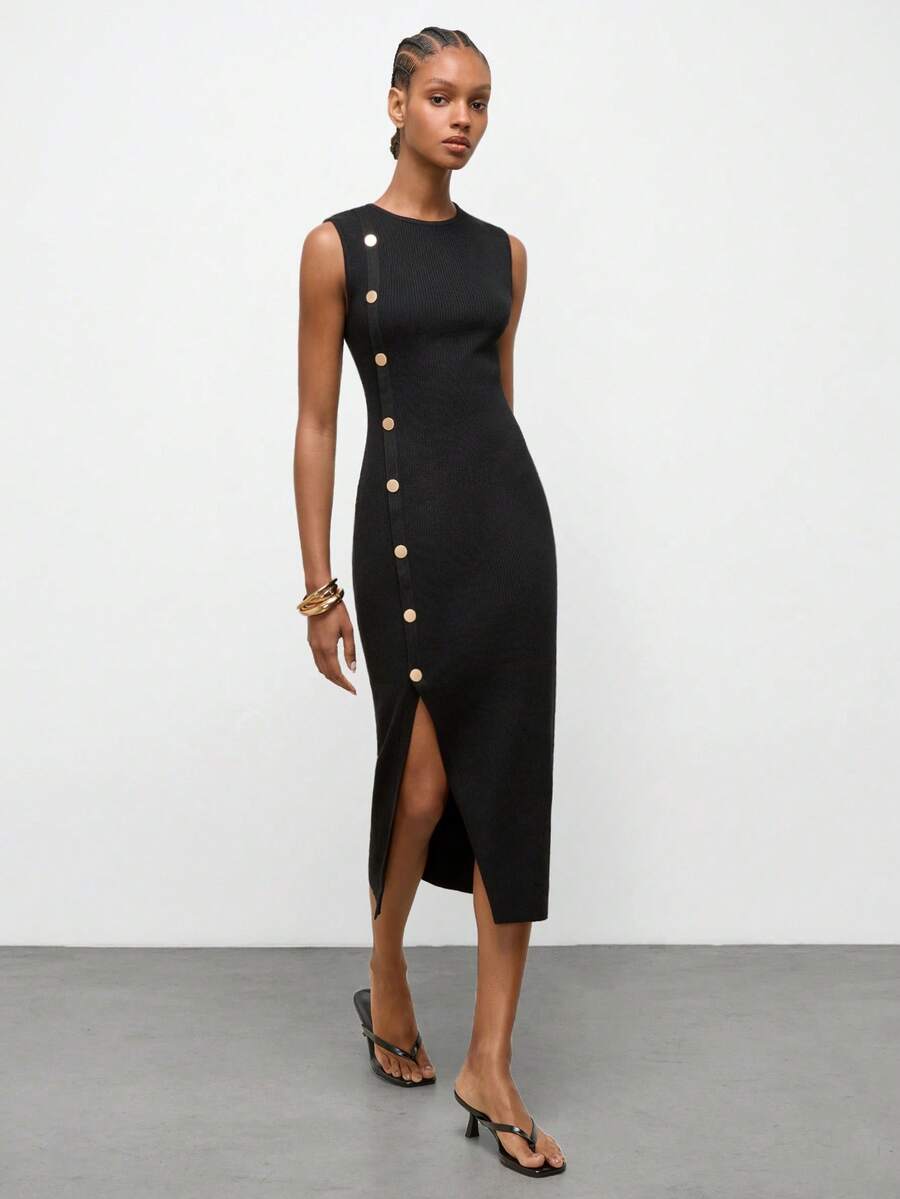 Elegant Black Gold Ribbed Midi Dress with Cinched Waist for Summer and Autumn 