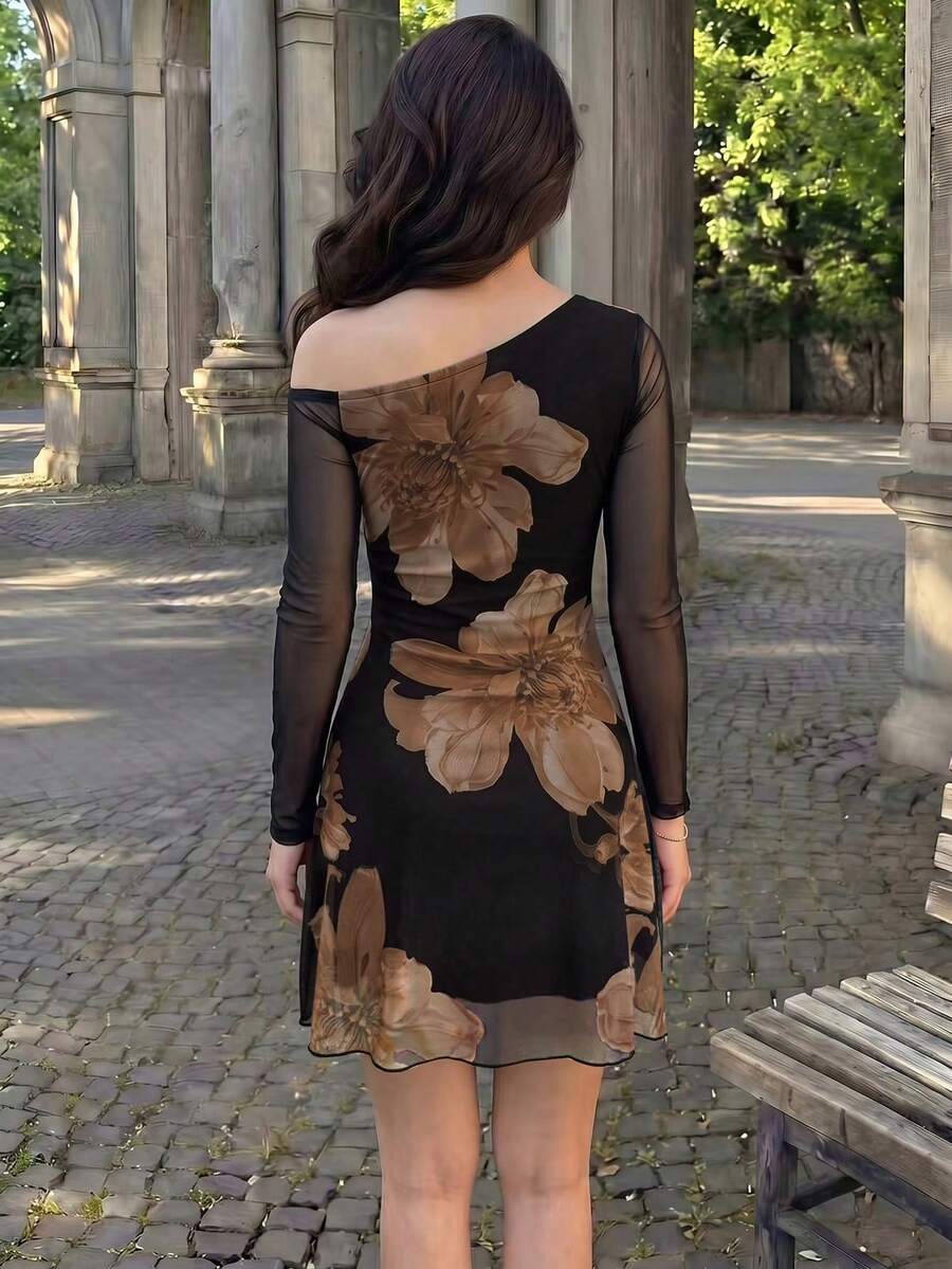 Black and tan floral asymmetrical mini dress with sheer long sleeves