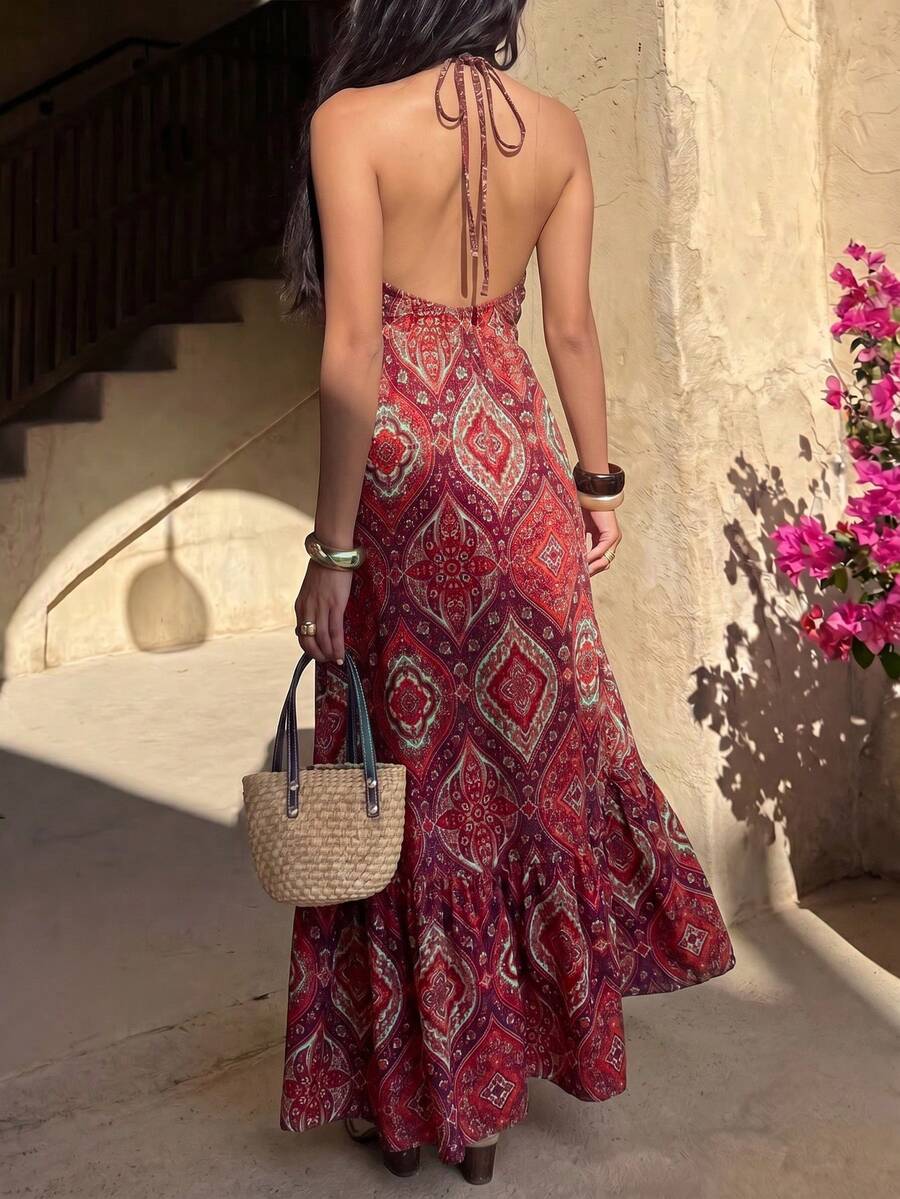 Back view red paisley halter maxi dress with open back and neck tie