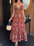 Red paisley halter maxi dress with ruffle hem and woven handbag