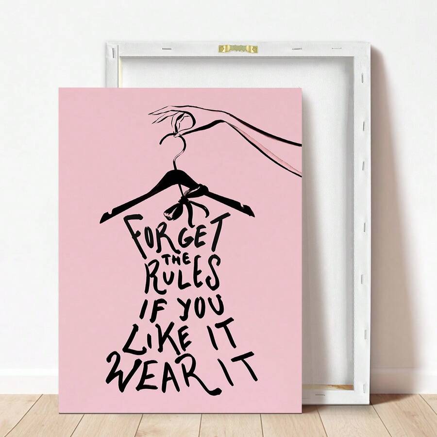 Unframed pink fashion canvas print with hand-drawn clothing motif