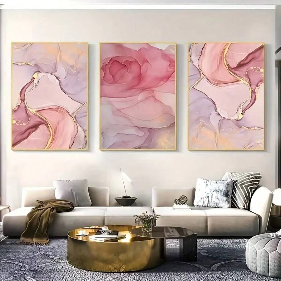 Pink marble abstract canvas wall art set with gold veining