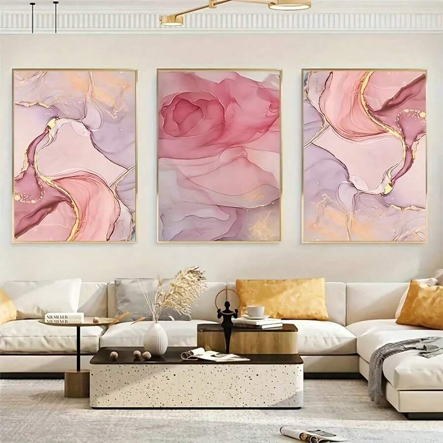 Three-piece abstract wall art displayed in a modern living room