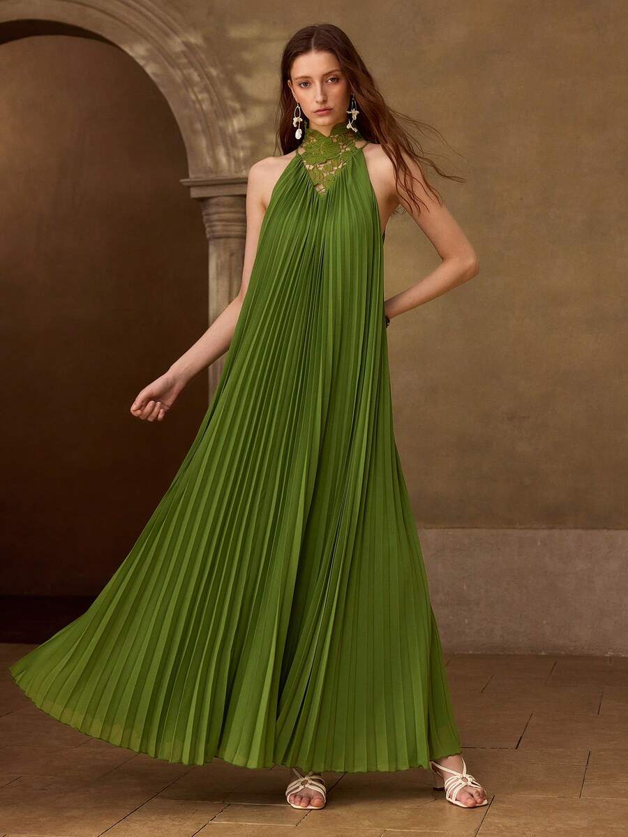 Close front view of olive-green maxi dress with floral lace halter yoke and vertical pleats