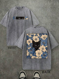 Front and back view of washed grey cat floral graphic T-shirt for streetwear