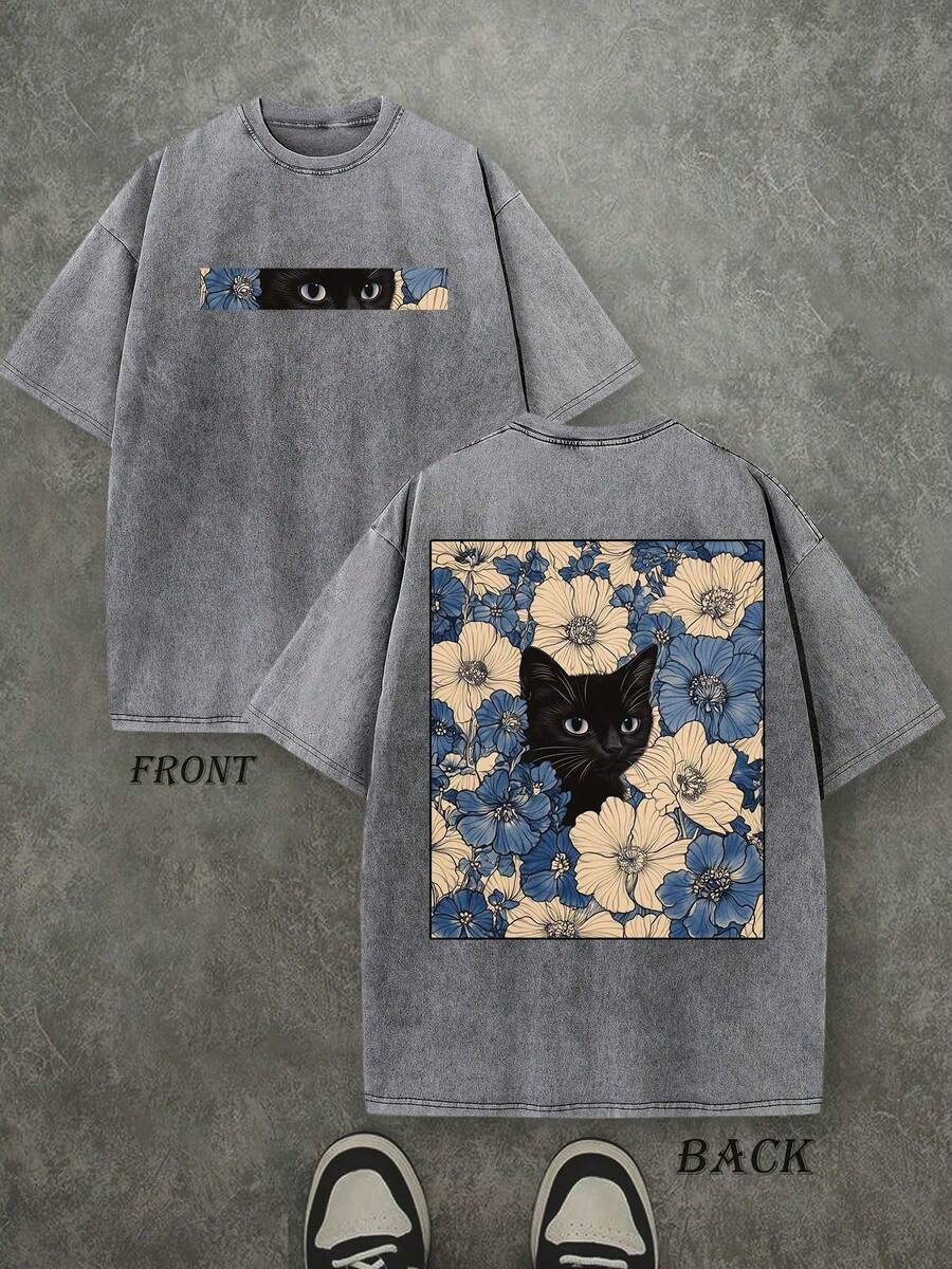 Front and back view of washed grey cat floral graphic T-shirt for streetwear