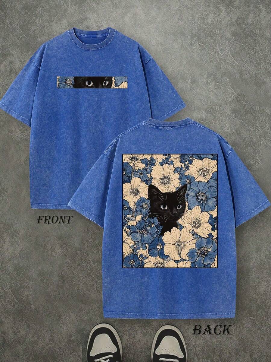 Front and back view of washed royal blue cat floral graphic T-shirt for casual wear