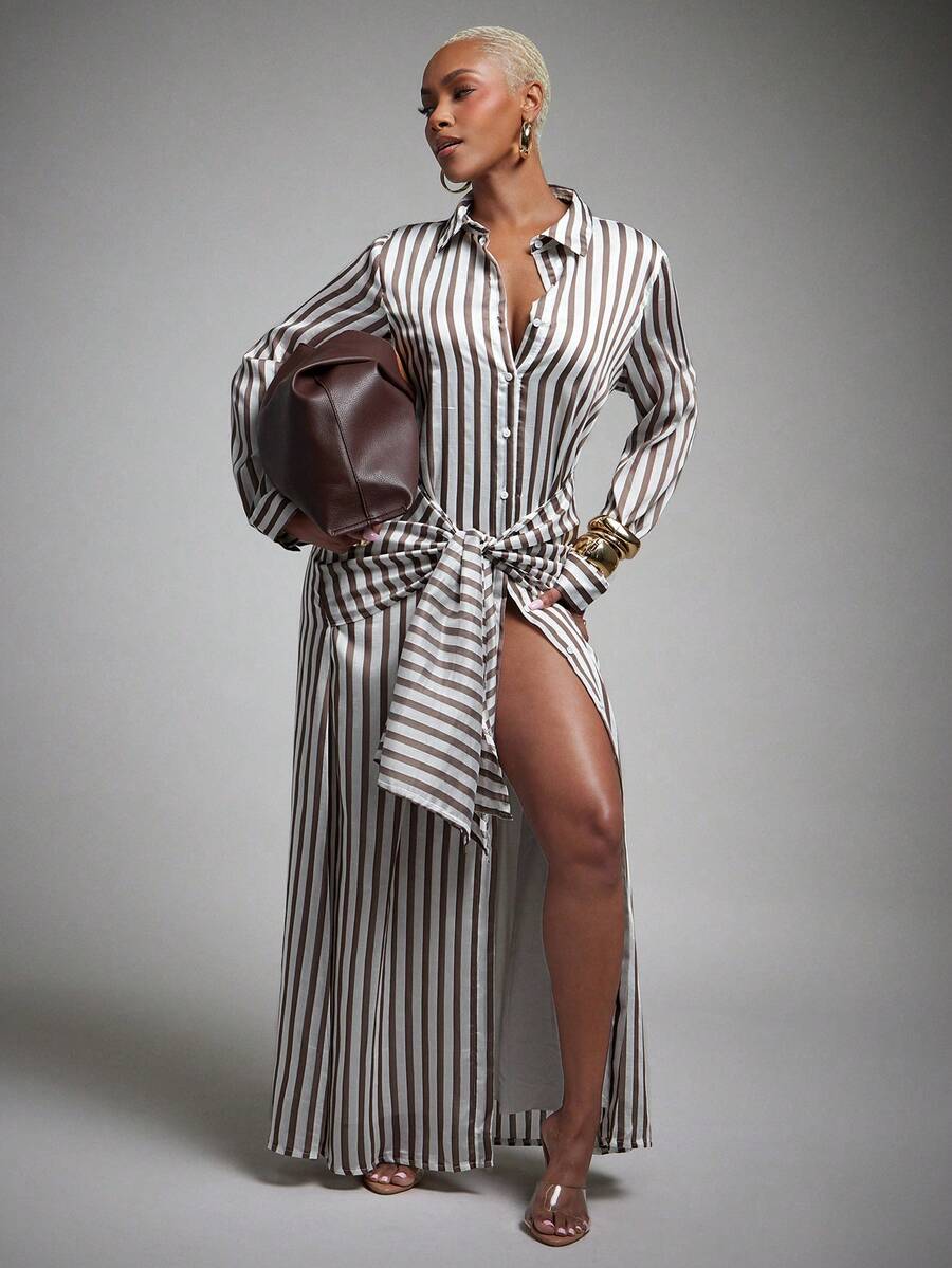 Front view of brown striped button-front maxi dress styled with a brown handbag for workwear