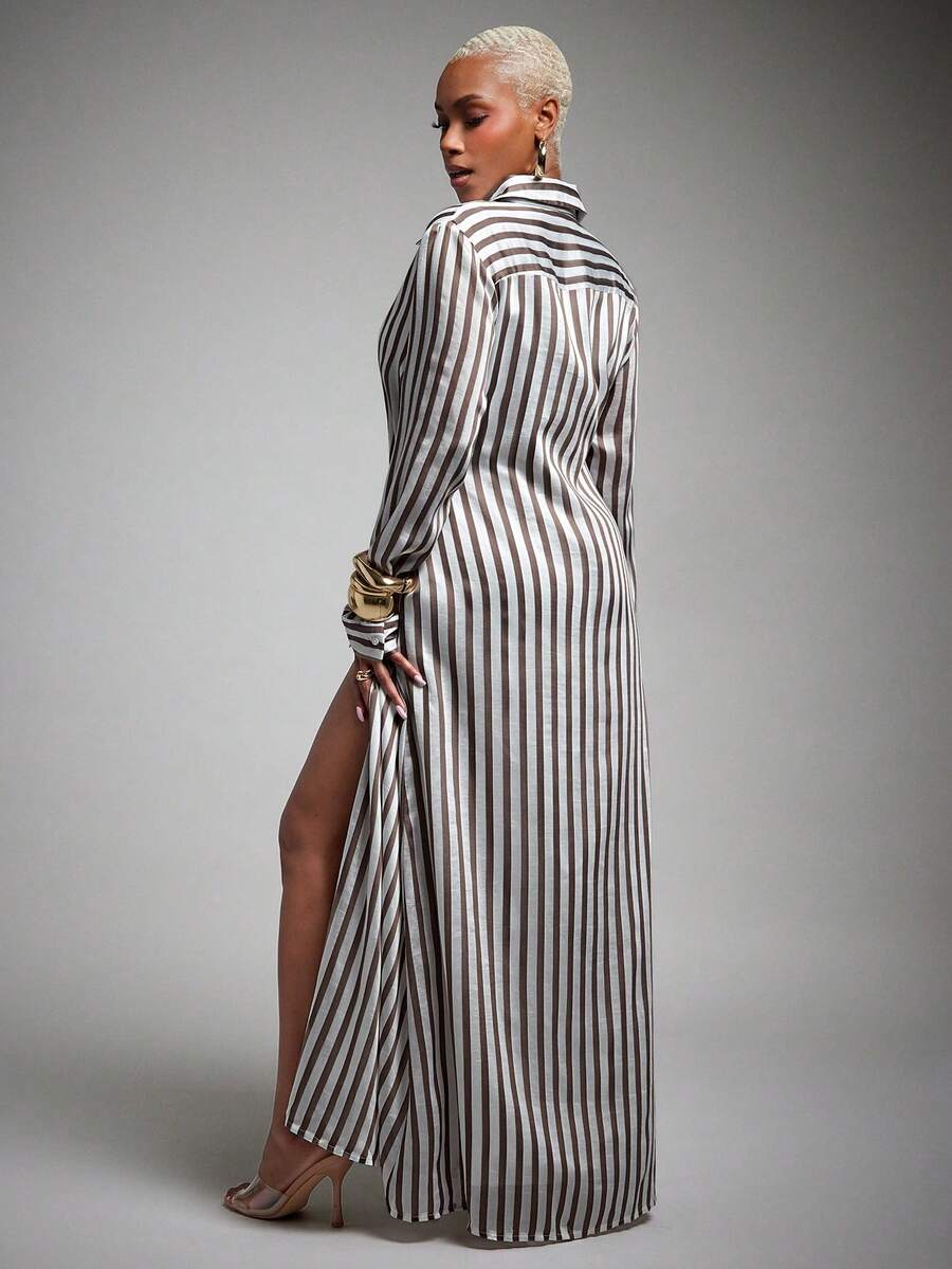 Rear three-quarter view of brown striped long-sleeve maxi shirt dress with flowing skirt and side slit