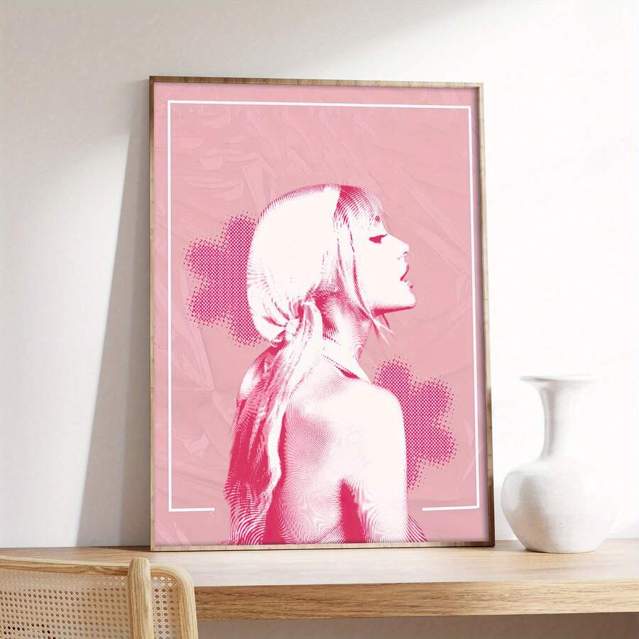 Pink pop-art portrait wall poster in a warm wood frame