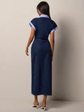 Chic Casual Denim Dress for Women with Roll-Up Short Sleeves and Waist Cinch 