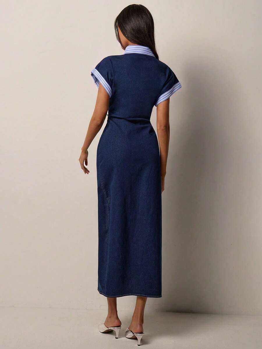 Chic Casual Denim Dress for Women with Roll-Up Short Sleeves and Waist Cinch 