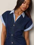 Chic Casual Denim Dress for Women with Roll-Up Short Sleeves and Waist Cinch 