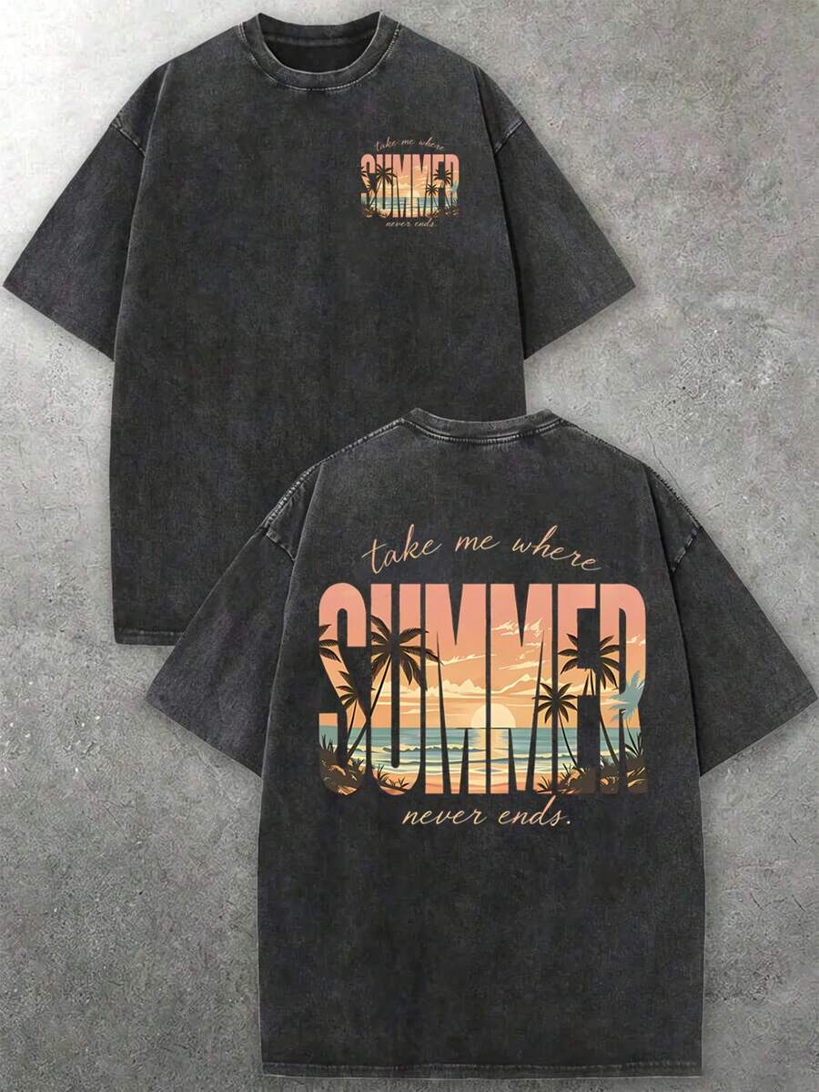 Royal blue loose fit T-shirt with a colorful beach sunset back design