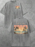 Mauve purple summer graphic T-shirt with palm tree and ocean artwork