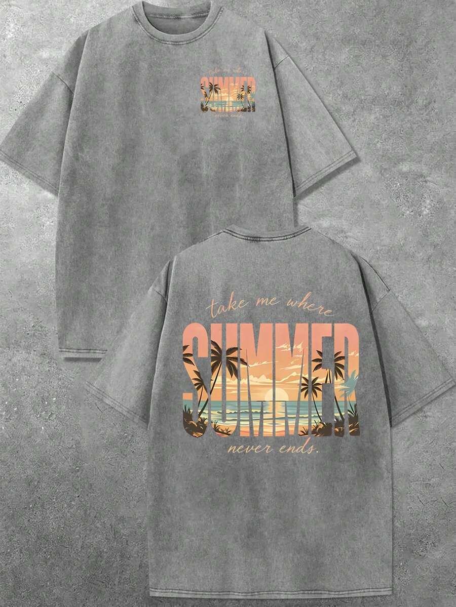 Mauve purple summer graphic T-shirt with palm tree and ocean artwork