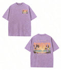 Close view of washed cotton knit texture and crew neckline on the T-shirt