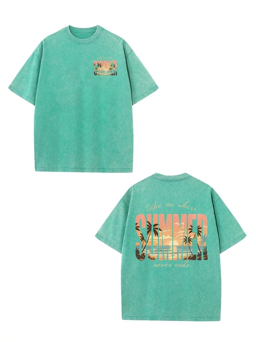 Grey oversized summer T-shirt with a tropical sunset graphic print