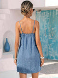 Back view of light blue rosette denim sundress with adjustable straps