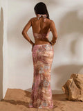 Blush taupe print halter maxi dress with asymmetric waist cutout