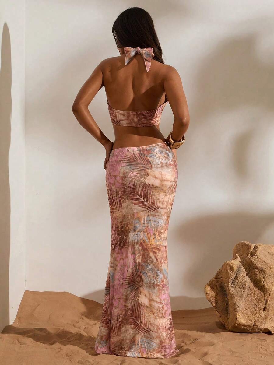 Blush taupe print halter maxi dress with asymmetric waist cutout