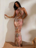 Olive rust tropical halter dress with sheer mesh bodycon skirt