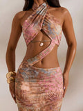 Side view of tropical print open-back maxi dress for beach party styling