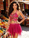 Front close view of fuchsia sequin halter crop top and fringe mini skirt dance set