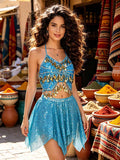 Full view of turquoise sequin halter crop top and pointed fringe mini skirt dance set