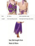 Front and back detail of purple sequin halter top with tie straps and fringe skirt
