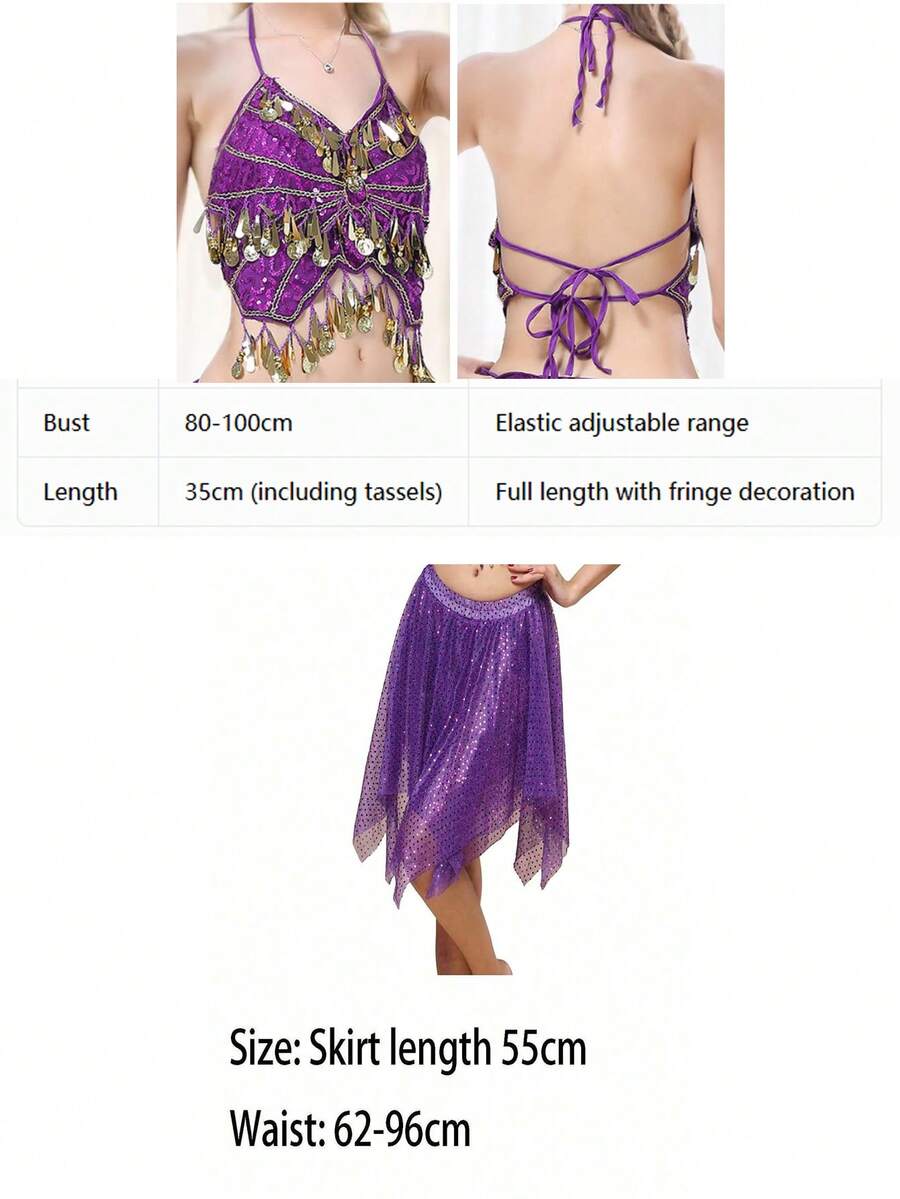 Front and back detail of purple sequin halter top with tie straps and fringe skirt