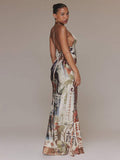 Rear view of floral animal print maxi dress with crisscross lace-up back