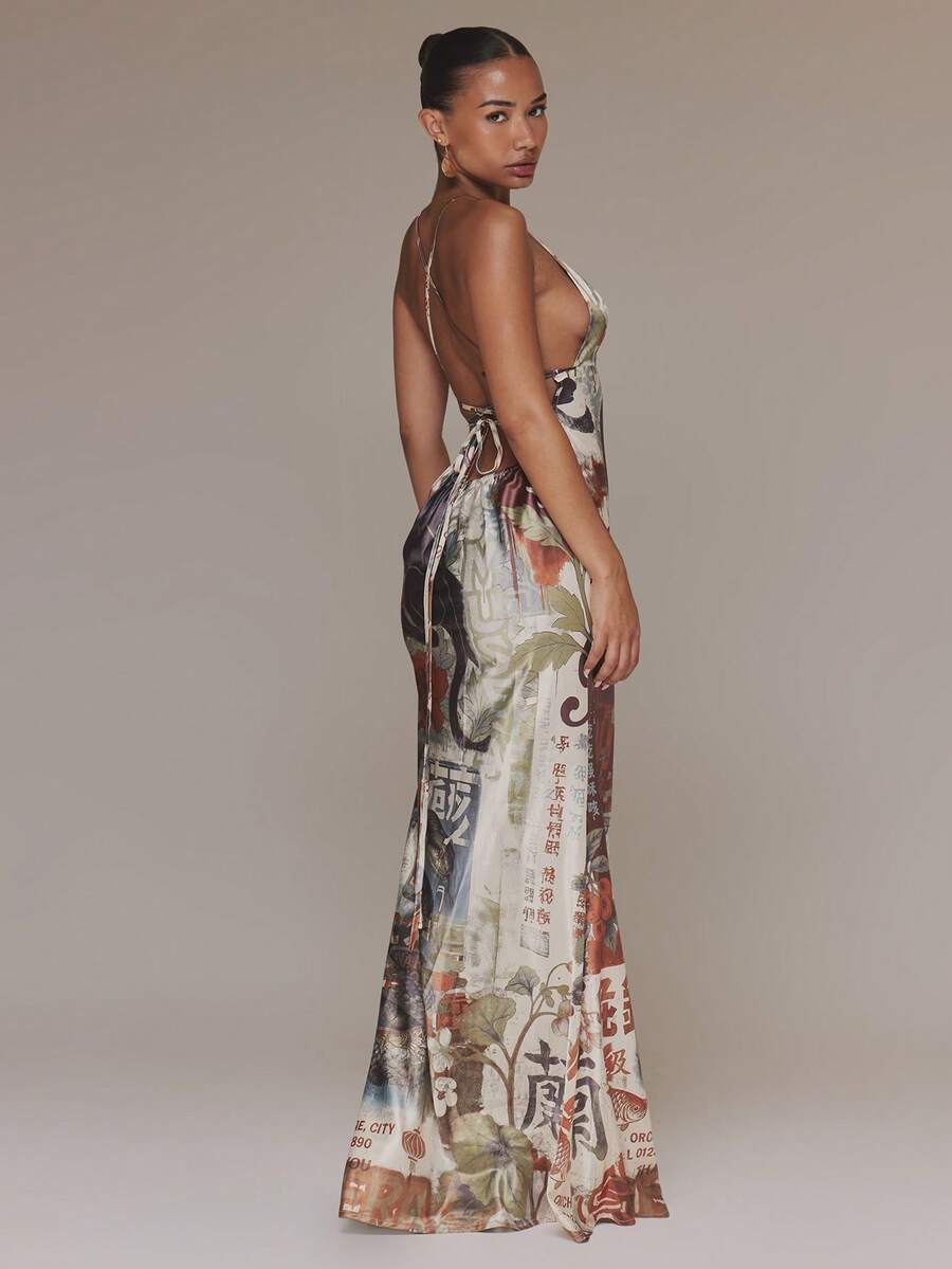 Rear view of floral animal print maxi dress with crisscross lace-up back