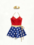 Side view of red superhero costume mini dress showing pleated skirt and halter neckline