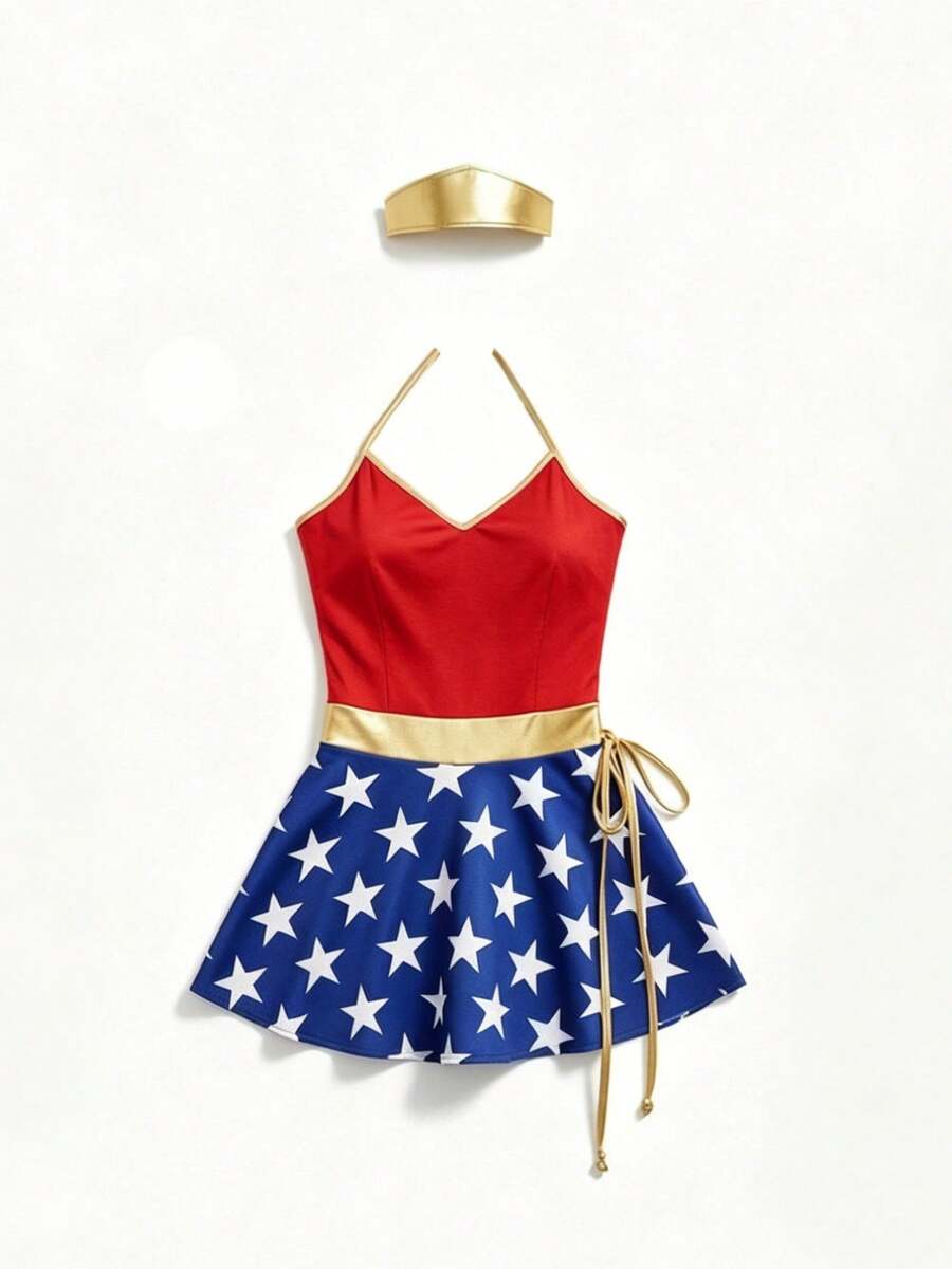 Side view of red superhero costume mini dress showing pleated skirt and halter neckline
