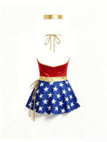 Full view of red superhero Halloween costume set with V-neck mini dress and headband