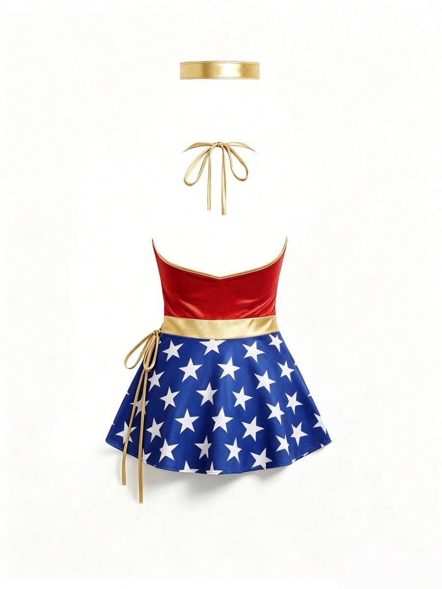 Full view of red superhero Halloween costume set with V-neck mini dress and headband