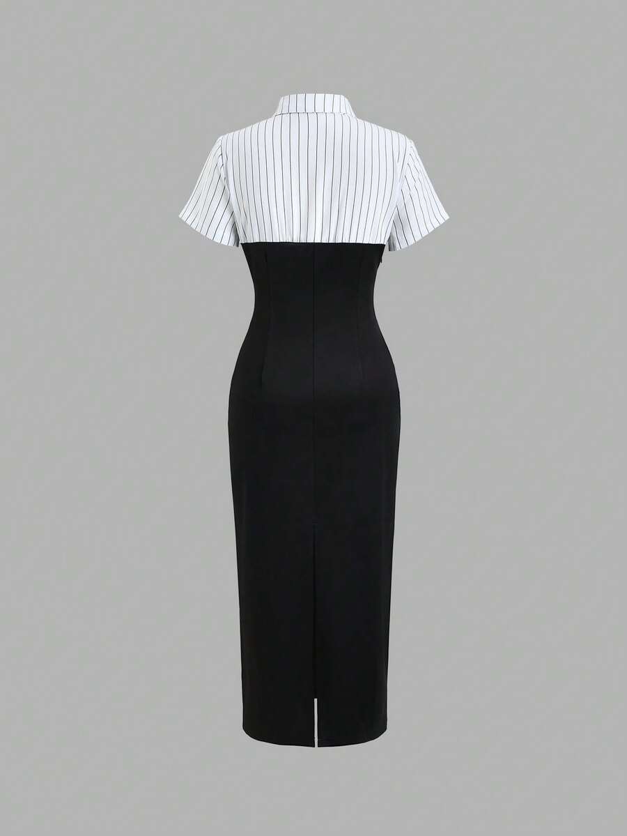 Black and white striped shirt midi dress with collared neckline