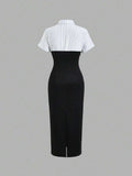 Two-tone striped midi dress with black fitted skirt and white upper