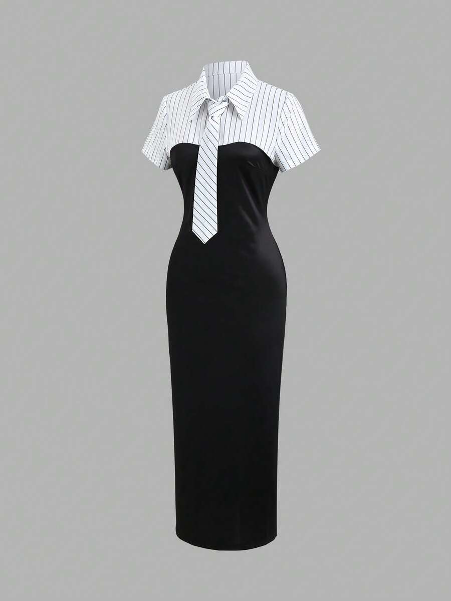 Black white bodycon midi dress with short sleeves and front tie detail