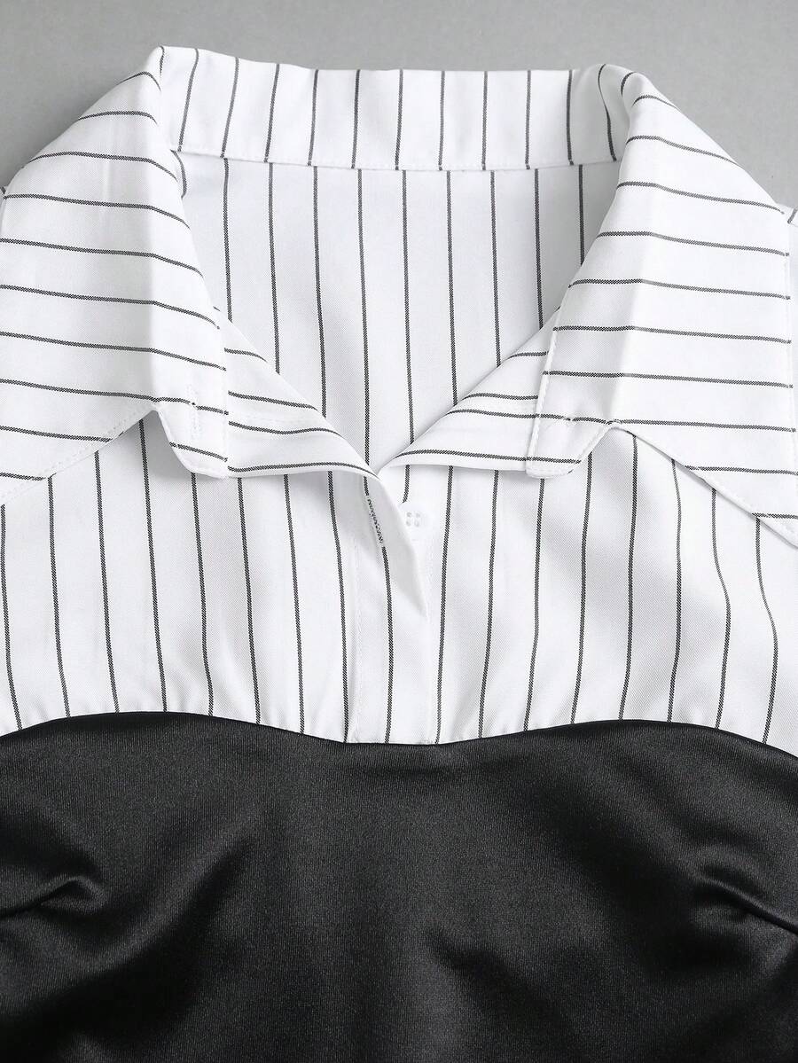 Striped collared midi dress with fitted silhouette and hem slit