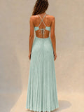 Coral pink pleated halter maxi dress with ruched bust, front view