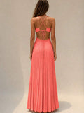 White pleated halter maxi dress with ruched bust, front close view