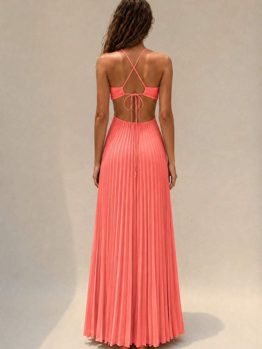 White pleated halter maxi dress with ruched bust, front close view