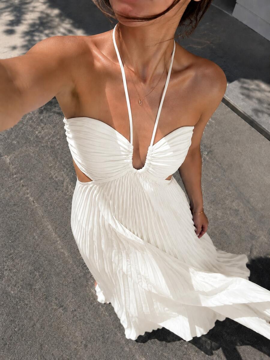 Black pleated halter maxi dress with ruched bust, front view