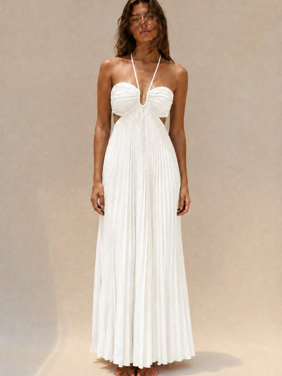 White pleated open-back maxi dress with crossed straps, rear view