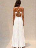 Black pleated open-back maxi dress with tie closure, rear view