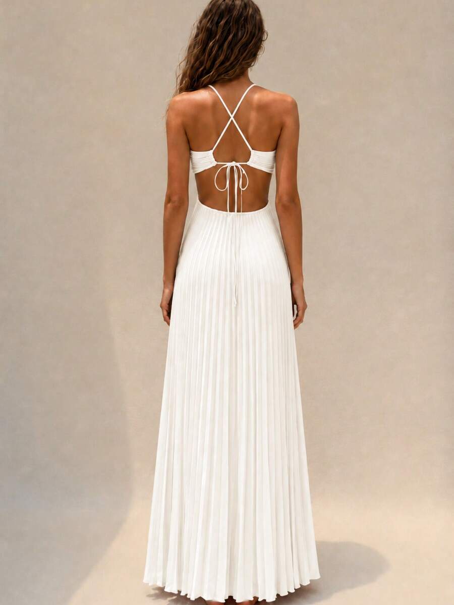 Black pleated open-back maxi dress with tie closure, rear view